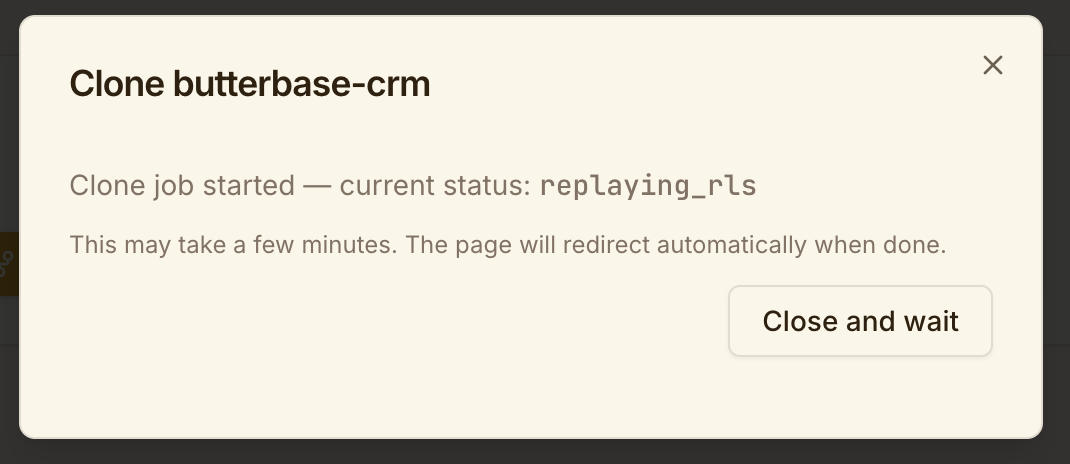 A clone in progress, showing the replaying_rls stage