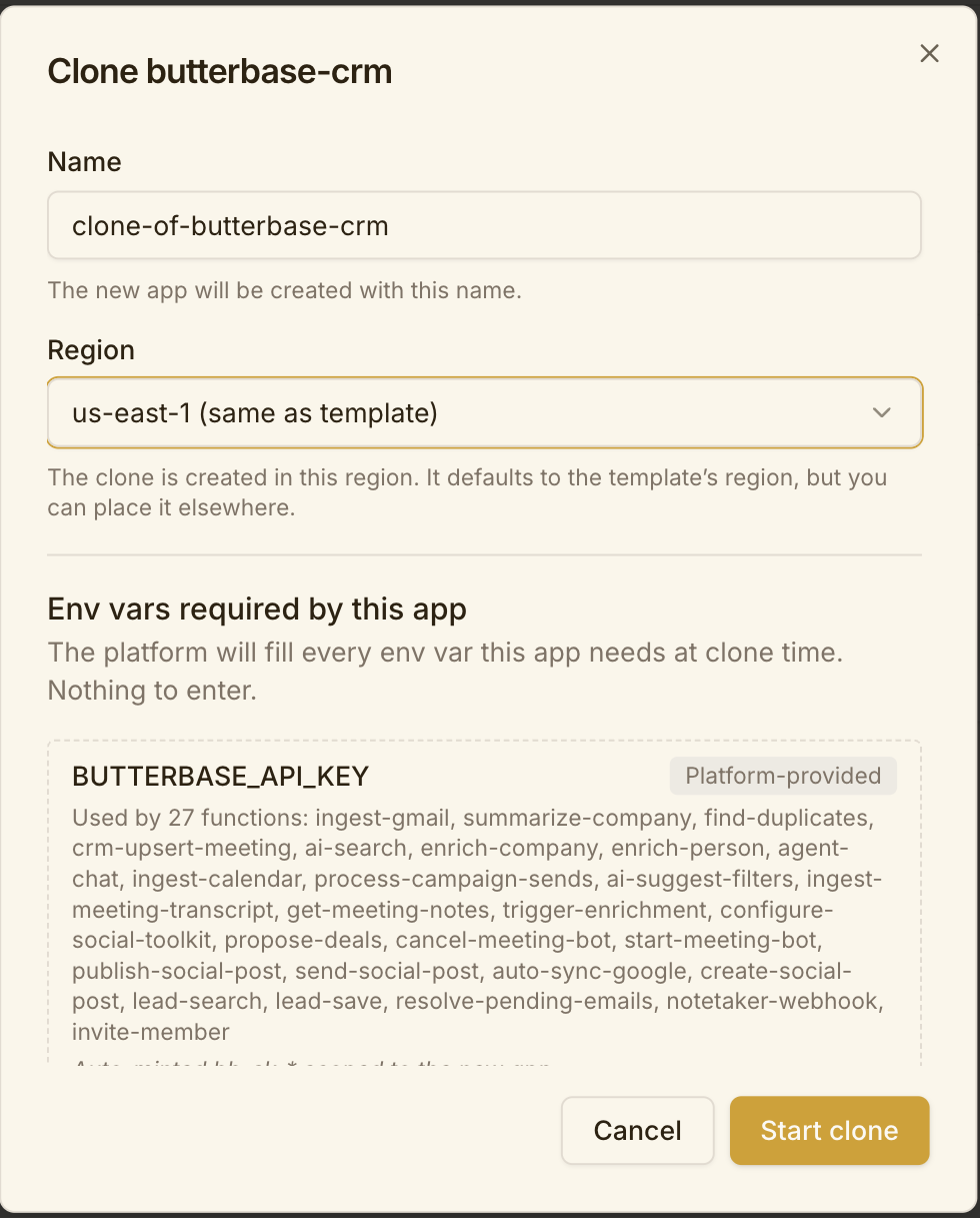 Cloning Butterbase CRM: the env-vars step reads "Nothing to enter" because every key is platform-provided