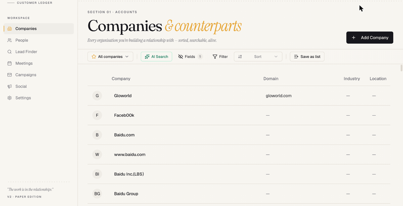 The Companies view of a freshly cloned Butterbase CRM, with seed data already in place