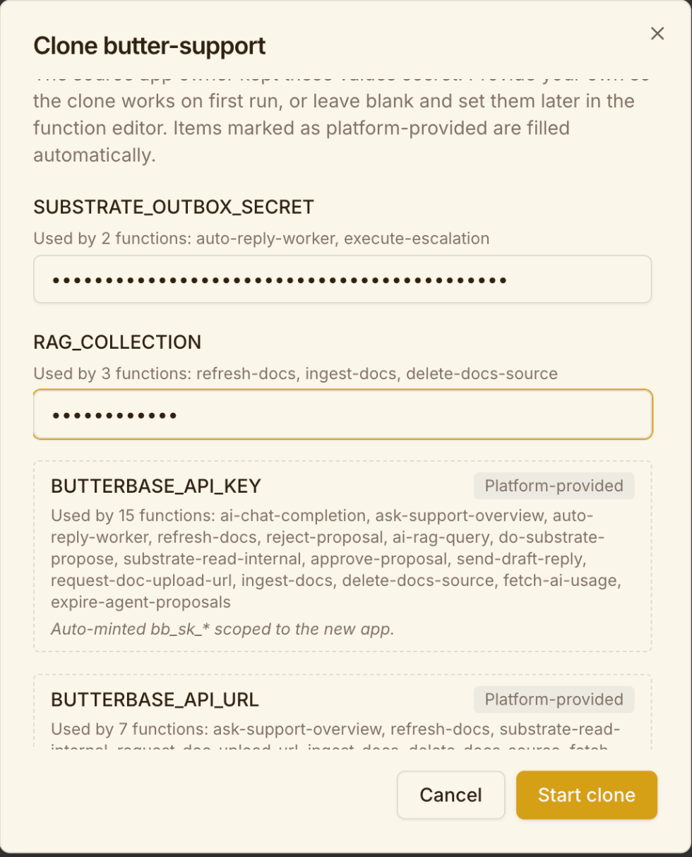 Cloning Butter Support: the env-vars step asks for SUBSTRATE_OUTBOX_SECRET and RAG_COLLECTION
