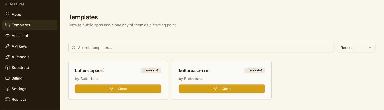 The Templates browser in the Butterbase dashboard, showing both first-party templates